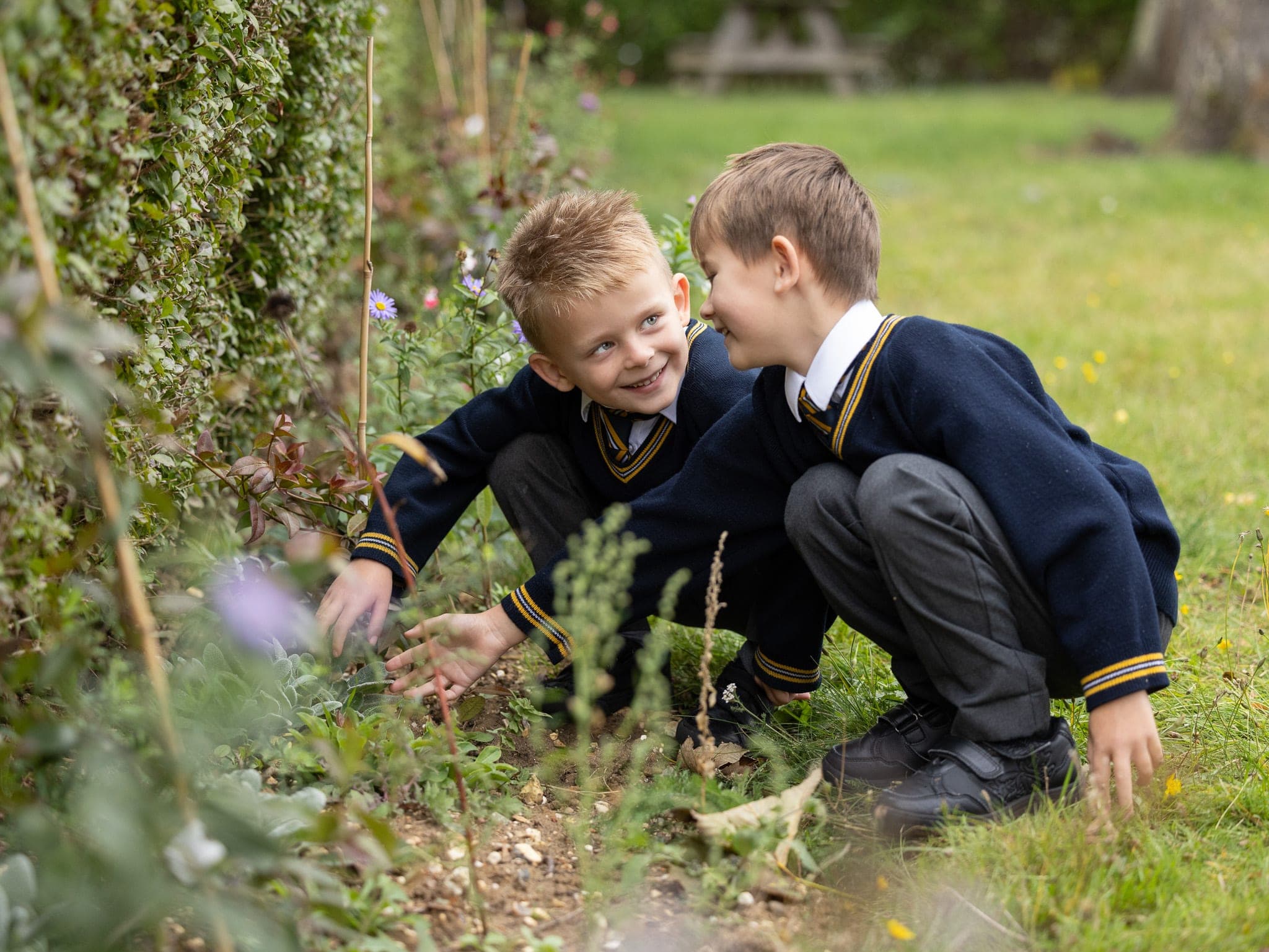 Two boys exploring plants in the school garden